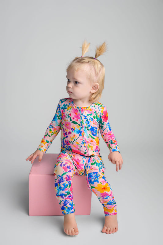 Ribbed Pretty in Pink Wildflowers Bamboo Viscose 2-Way Zipper Romper