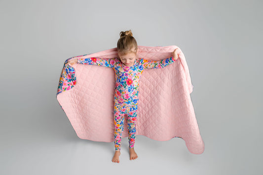 Ribbed Pretty in Pink Wildflower Toddler Bamboo Quilted Blanket