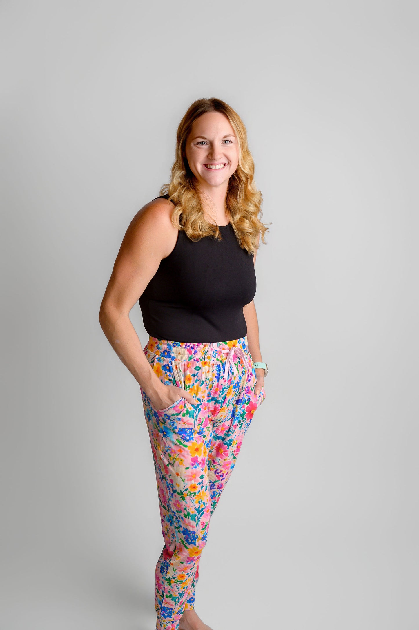 Ribbed Pretty in Pink Wildflower Bamboo Mom Joggers