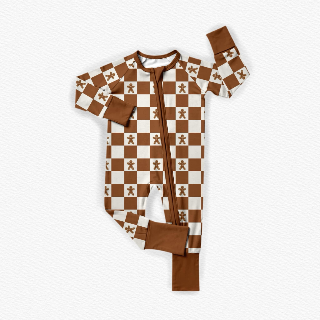 Christmas Gingerbread Checkered Bamboo Romper