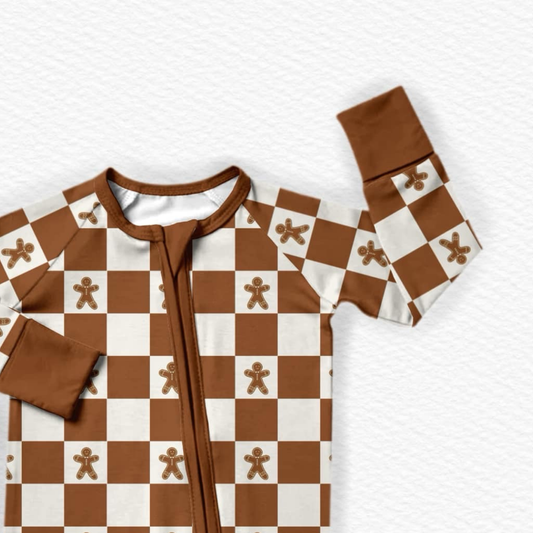 Christmas Gingerbread Checkered Bamboo Romper