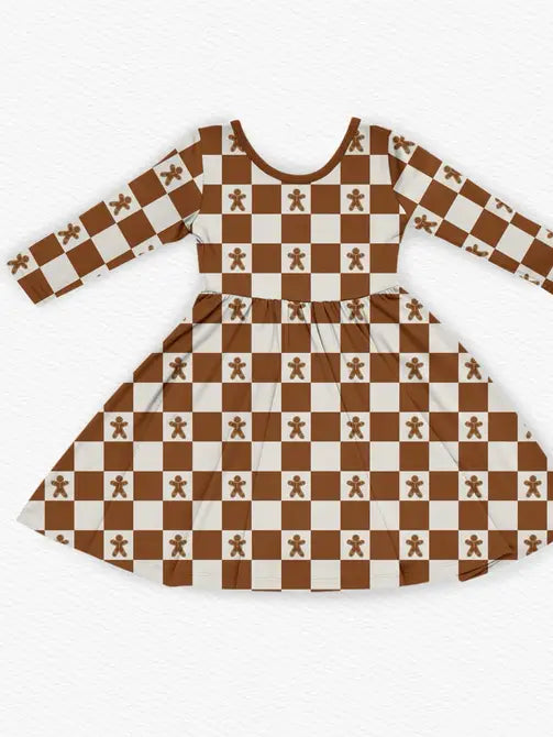 Christmas Gingerbread Checkered Bamboo Long Sleeve Twirl Dress