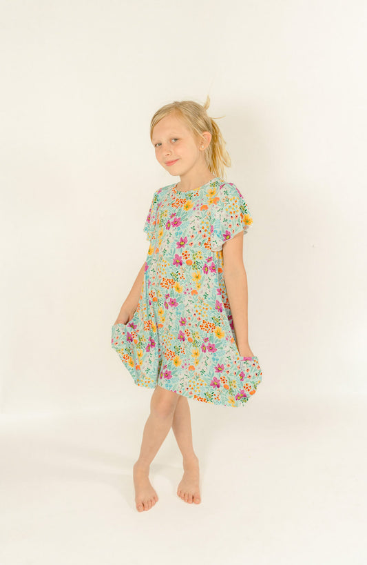 Garden Daydream Ribbed Bamboo Slouchy Twirl Dress with Pockets