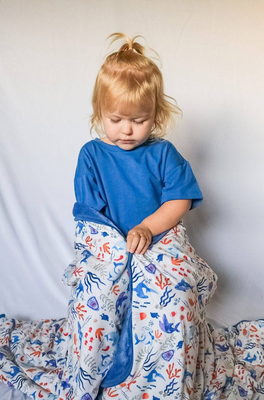 Slumber Sharks Ribbed Double-Layer Bamboo Plush Backed Blanket