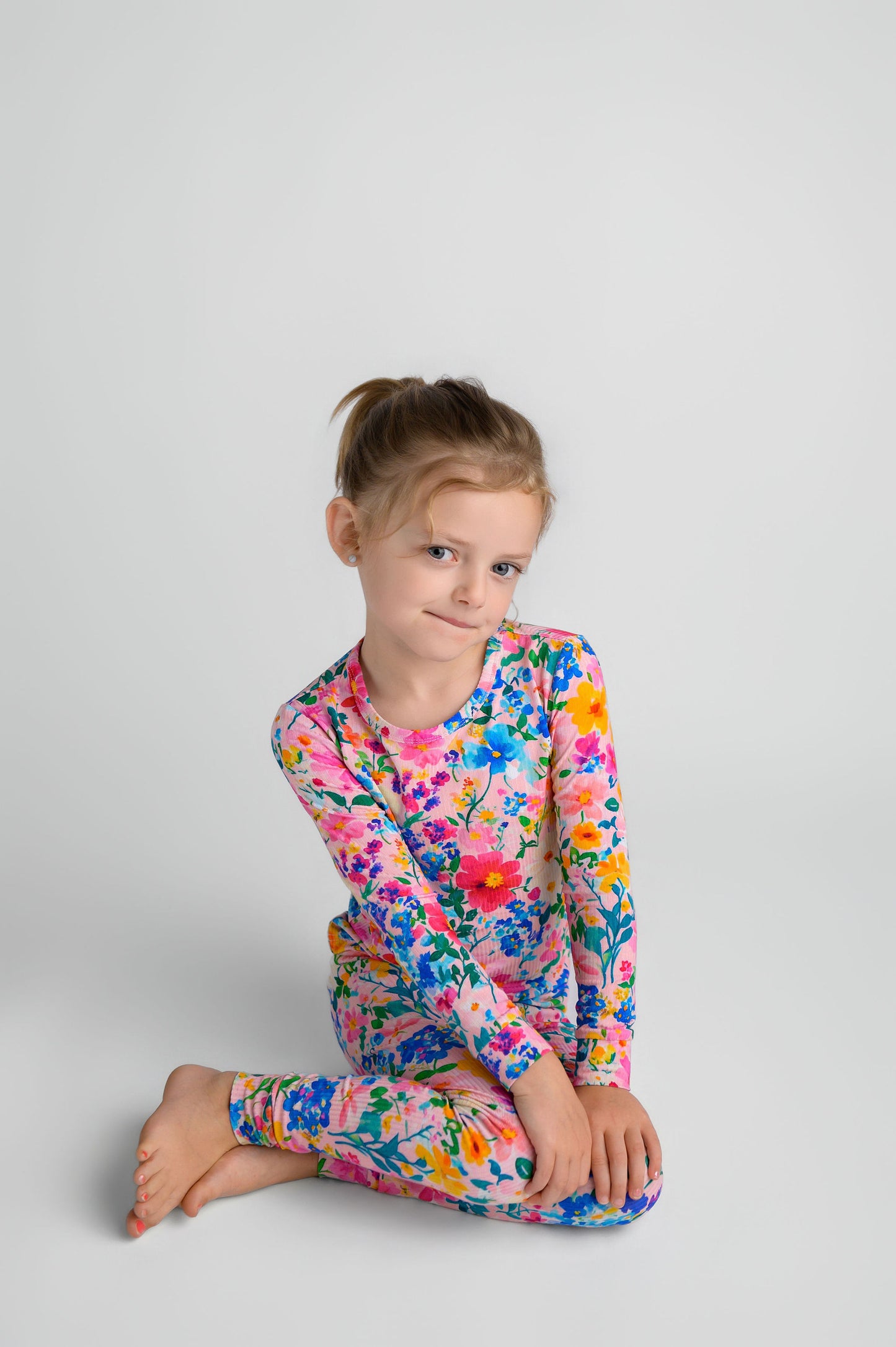 Ribbed Pretty in Pink Wildflower Two-Piece Children's Bamboo Set
