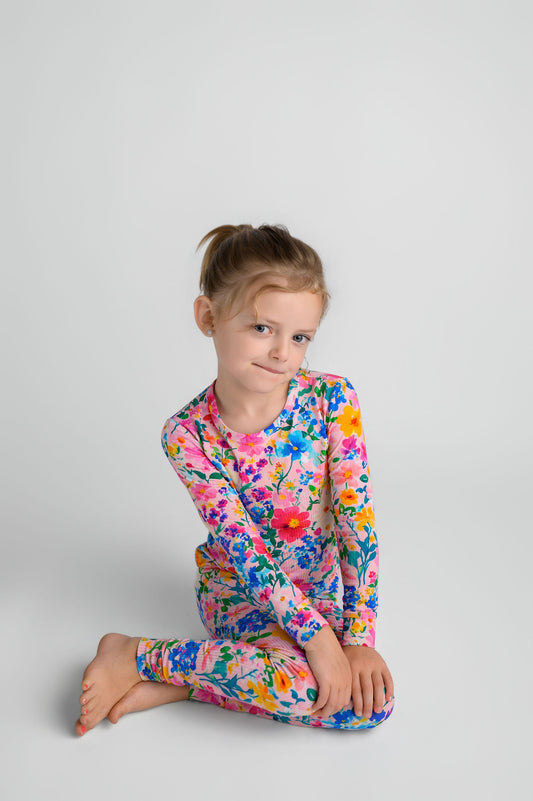 Ribbed Pretty in Pink Wildflower Two-Piece Children's Bamboo Set