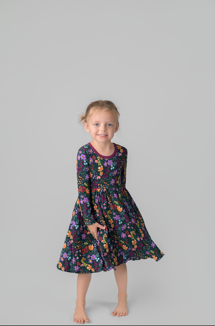 Midnight Floral Twirl Dress Long Sleeve
