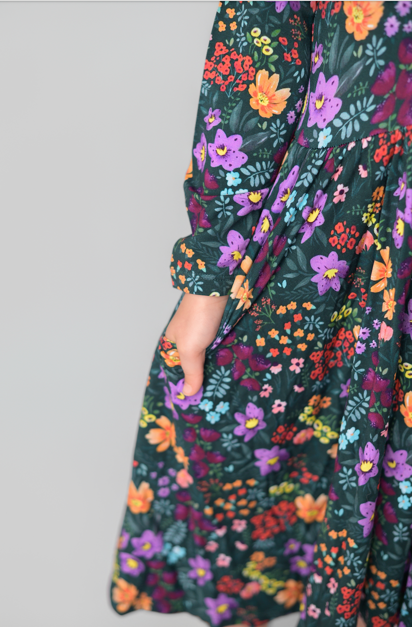 Midnight Floral Twirl Dress Long Sleeve