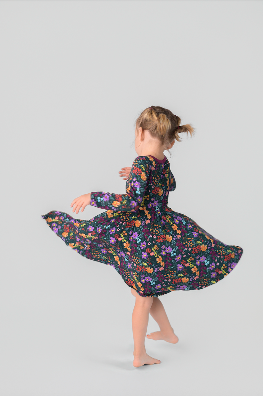 Midnight Floral Twirl Dress Long Sleeve