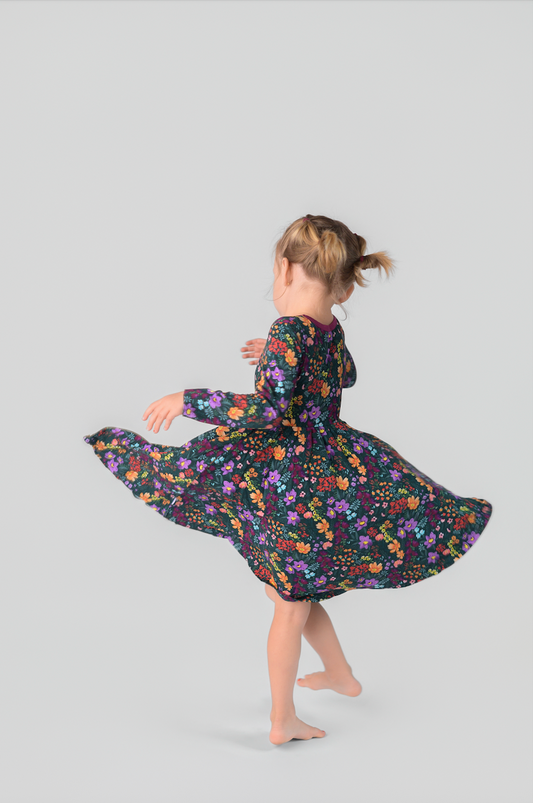 Midnight Floral Twirl Dress Long Sleeve