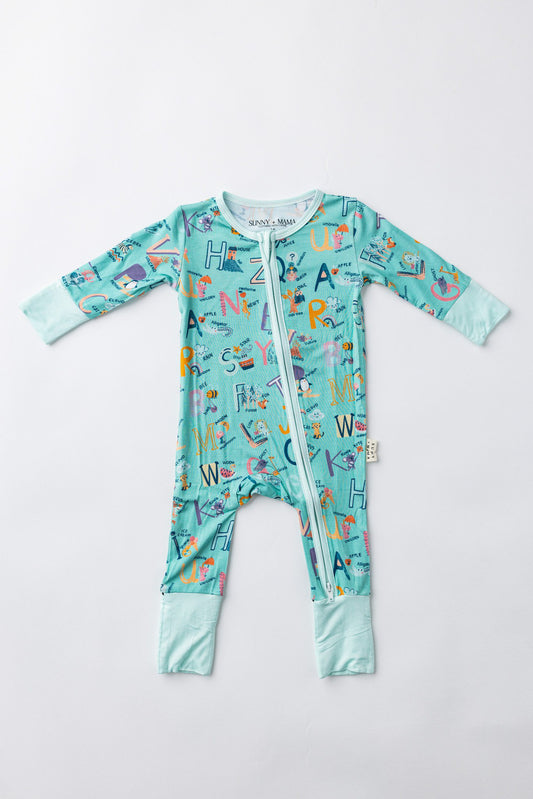 Finlee's Blue Pastel ABC's Zipper Romper