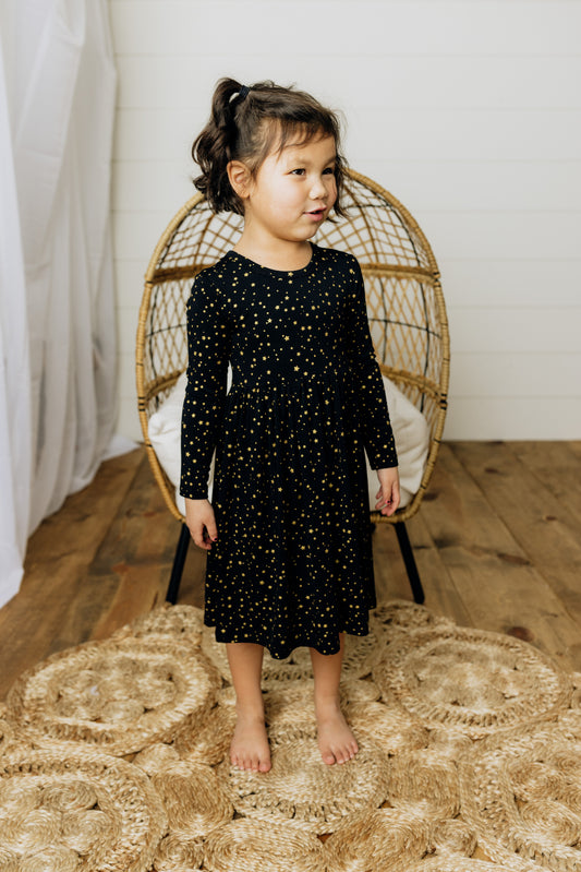 Long Sleeve Twirl Dress in Onyx Sparkle