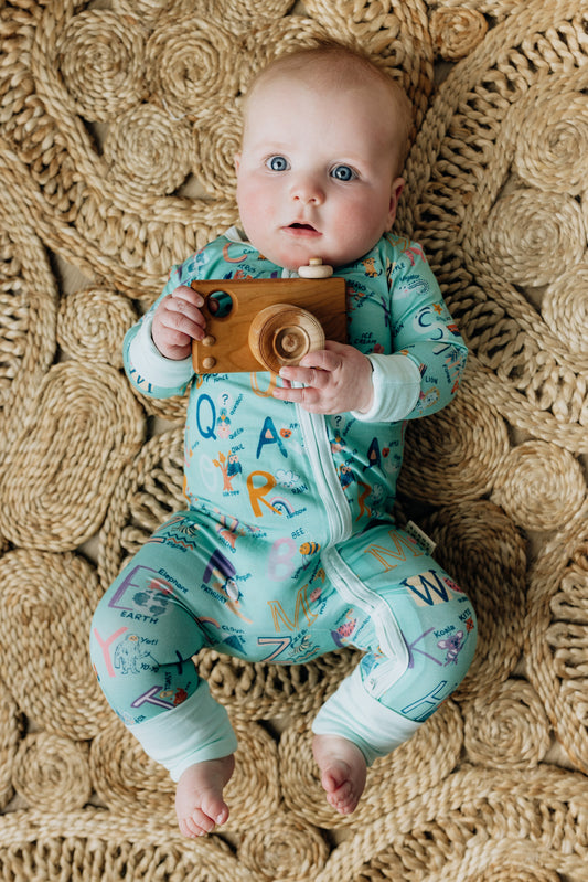 Finlee's Blue Pastel ABC's Zipper Romper