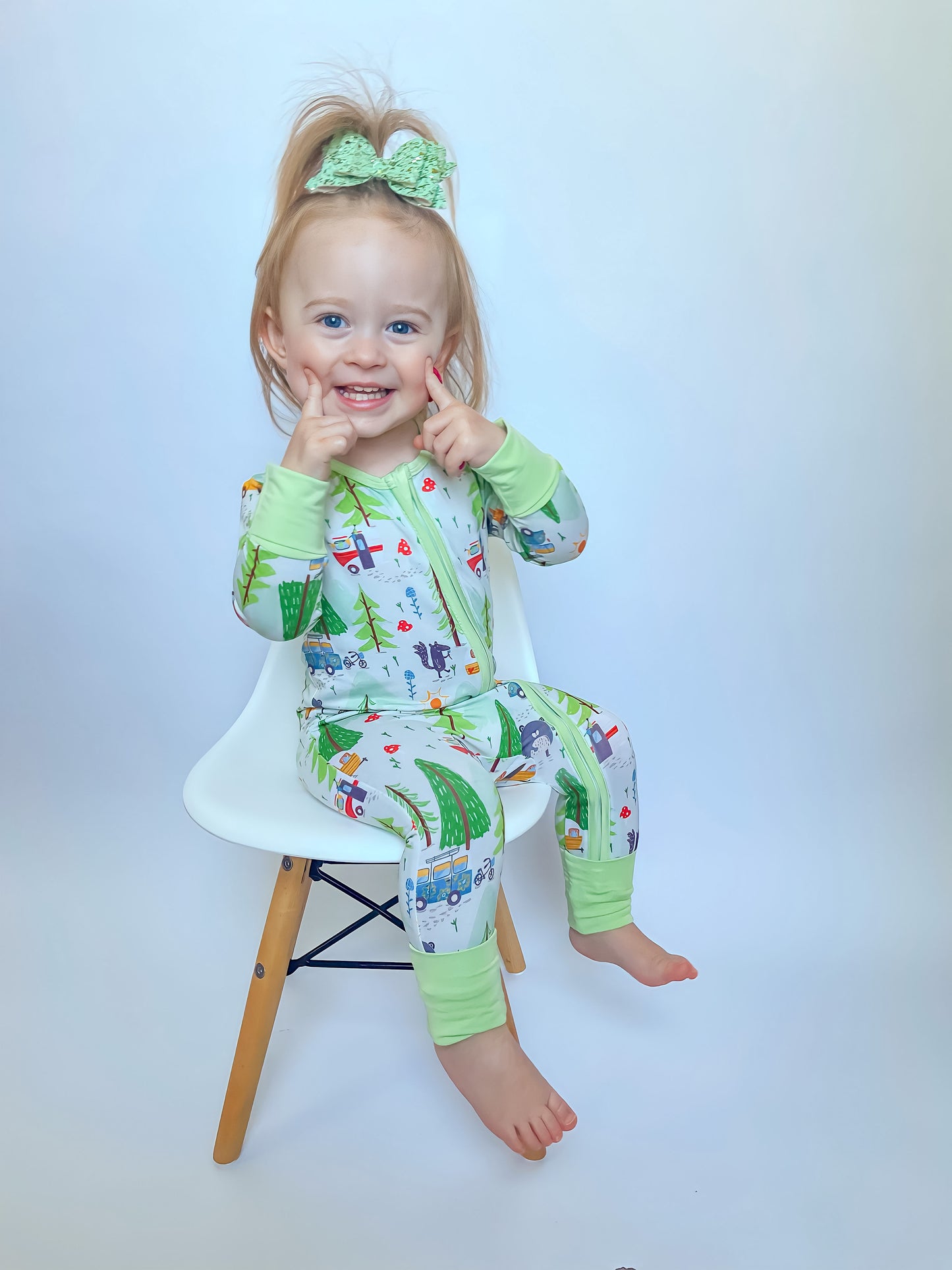 Beary Happy Camper Romper Green